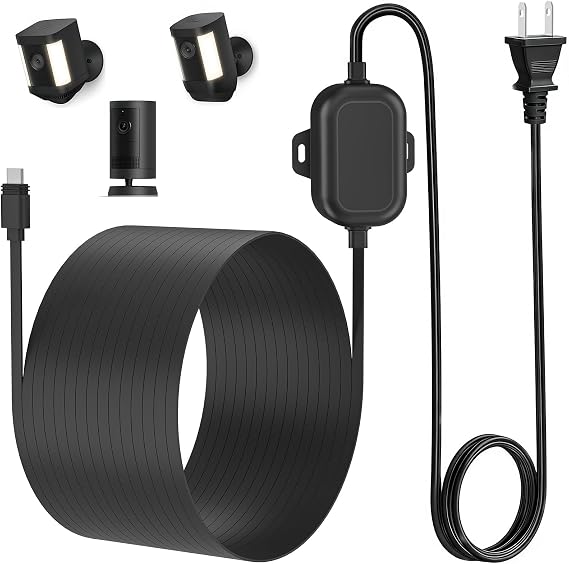 Power Adapter for Ring Outdoor Cam Plus/Ring Spotlight Cam Plus/Pro (Battery), 25Ft/7.5m USB-C Flat Weatherproof Outdoor Charging Cable Continuously Power Your Camera, Black