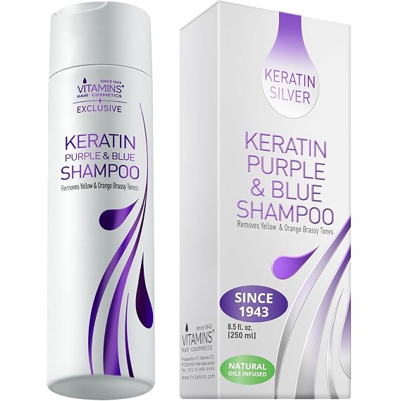 VITAMINS hair cosmetics Keratin Purple Blue Shampoo Anti Brass for Blondes | No Yellow Hair Toner for Bleached Hair, Tones Brassiness & Repairs Blond, Silver, Grey, White & Ash Gray Locks 8.5 Fl Oz