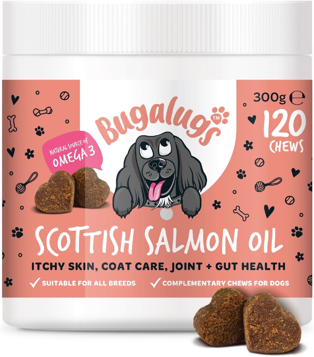 Bugalugs Scottish Salmon Oil Chews For Dogs, Dog Supplement Supports Skin And Coat, Dog Itchy Skin & A Moulting, Omega 3 Fish Oil 120 Chews, Salmon