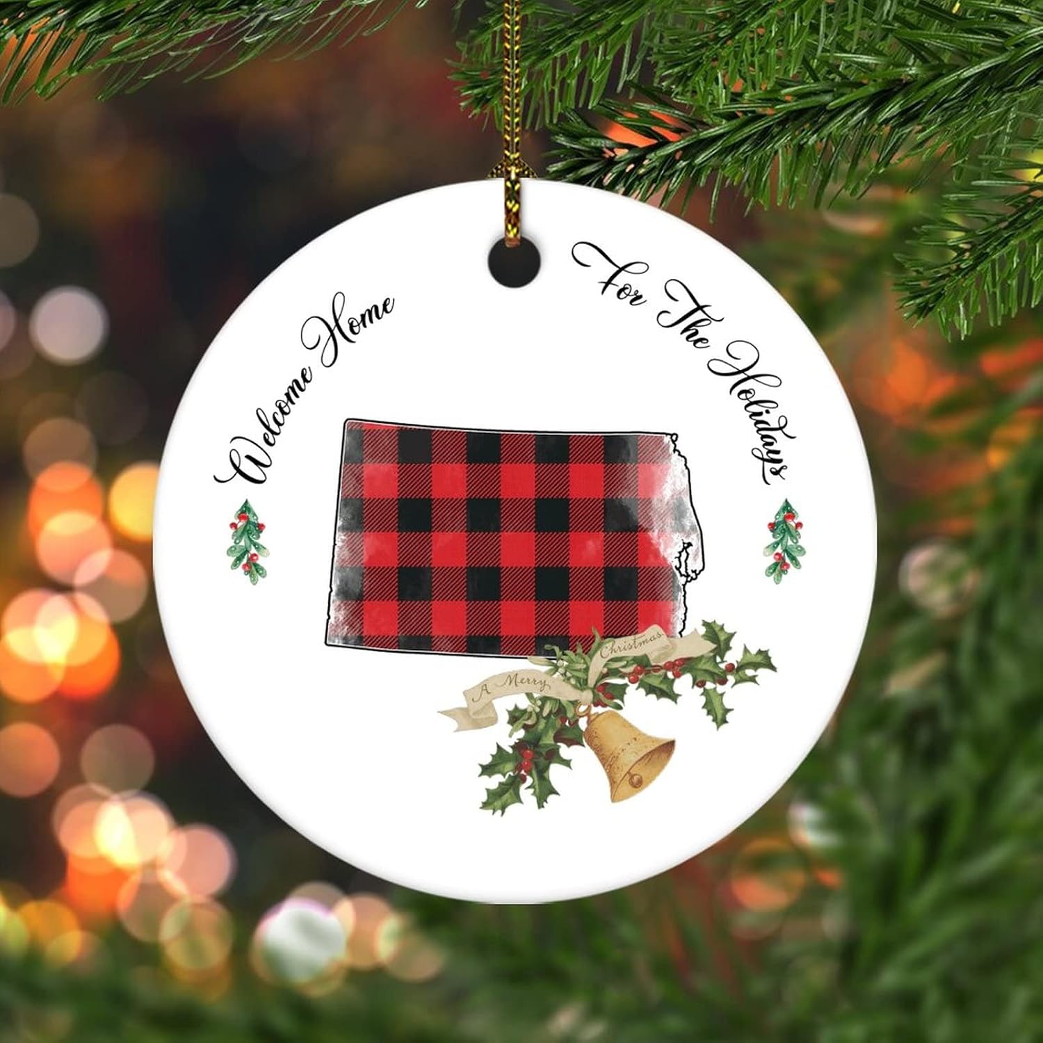 Novelty Christmas Decorations Welcome Home for The Holiday North Dakota Map US State Christmas Ornaments for Xmas Tree Round Keepsake Porcelain Bauble Stocking Stuffer Souvenir Gift