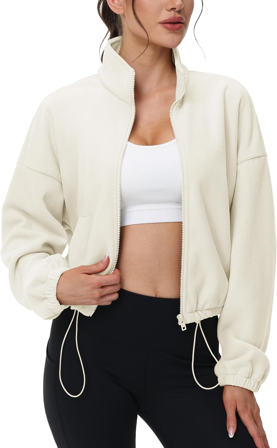 MAGCOMSEN Womens Full Zip Fleece Jacket Cropped Warm Winter Coats with Pockets Stand Collar Workout Top Drawstring Hem
