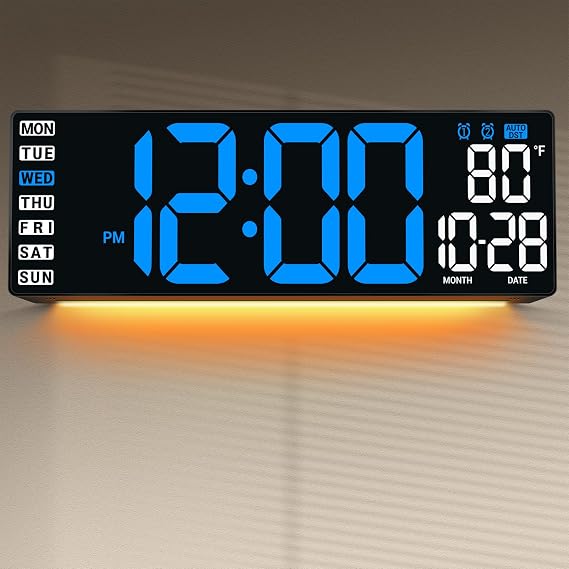 16.5" Large Digital Wall Clock with Blue LED Display, Remote Control