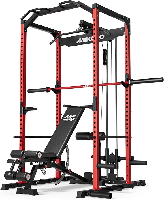 Mikolo F4 2.0 Power Cage with Dual-Track Smooth Pulley System, 1200LBS Power Rack with Leg Hold-Down for Heavy LAT Pulldowns (Red, F4 2.0 Package)
