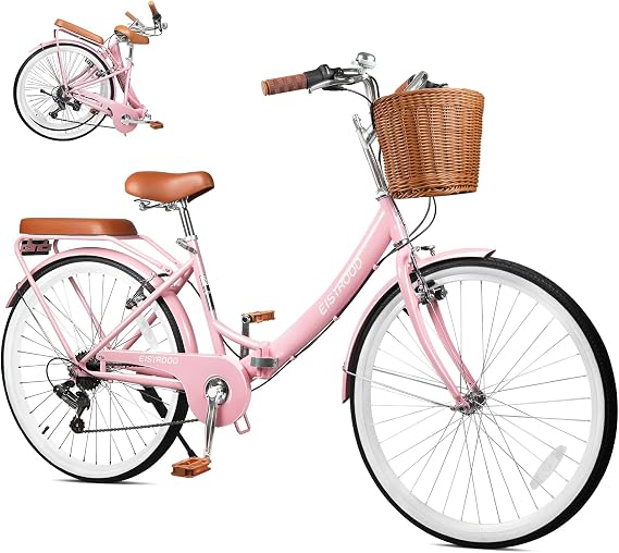 26Inch Foldable Women Bike, Womens Folding Bike with Basket, 7 Speed Beach Cruiser Fodable Bike for Women with Cushion, V-Brakes, Quick Install for Adults, Womens (Pink)
