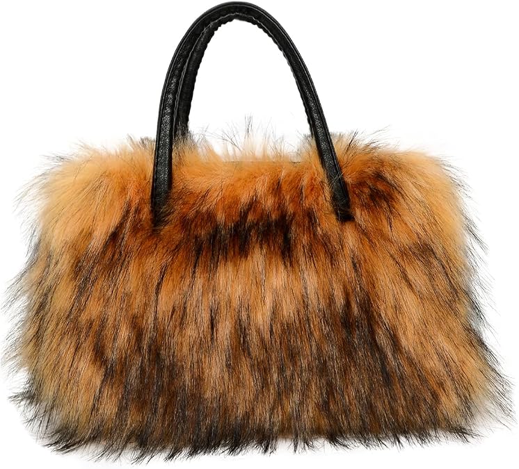 Women's Furry Shoulder Handbags Faux Fur Work Tote Bag for Women Fluffy Satchel Handbags Wristlet Zipper Purses