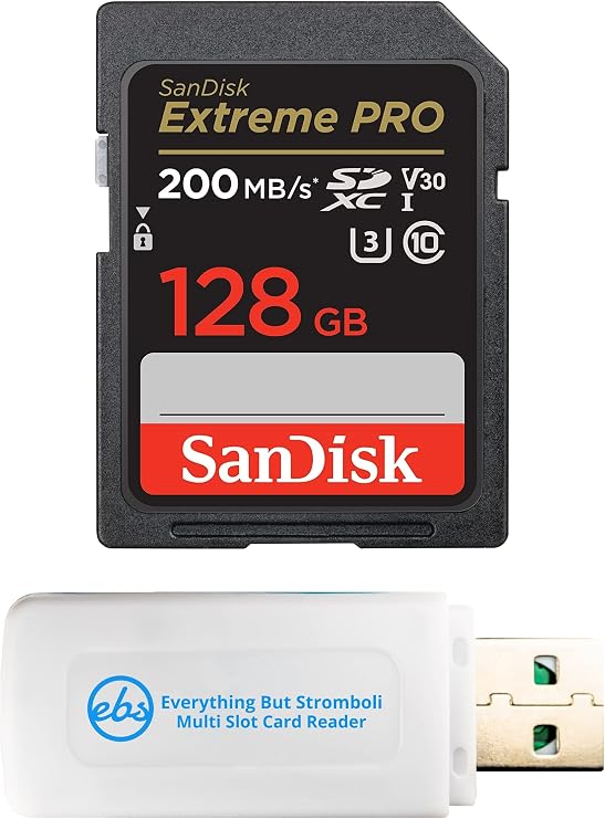 SanDisk Extreme Pro 128GB UHS-I SDXC Memory Card Works with Sony Mirrorless Camera A7R V, ZV-1F and FX30 (SDSDXXD-128G-GN4IN) U3 V30 4K UHD Bundle with (1) Everything But Stromboli SD Card Reader