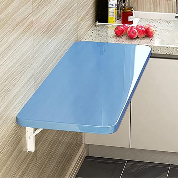 Wall Mounted Folding Table Drop Leaf Computer Desk Floating Workbench for Home Office Blue Small Size.