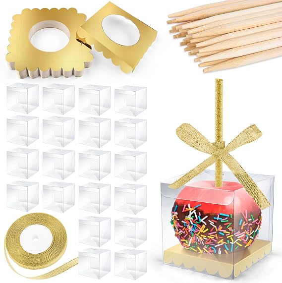 25-Pack Candy Apple Boxes and Sticks, Caramel Apple Kit, with Base,Ribbon