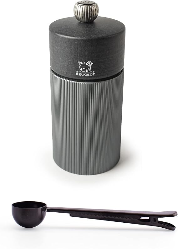 Peugeot Line Manual Pepper Mill Carbon Graphite Aluminum, 12 cm - 4.75" With Stainless Steel Spice Scoop/Bag Clip