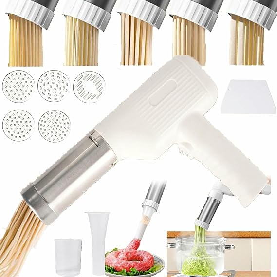 Electric Idiyappam Maker, 2025 New Handheld Electric Pasta Maker, 5-In-1 Cordless Pasta Machine, Multi-Function Noodle Pressing Machine, Automatic Household Noodle Pressing Machine, 5 Molds (Beige)