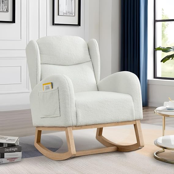 Rocking Glider Chair for Nursery, Wingback Teddy Fabric Accent Rocker Chair Upholstered Tall Back Arm Chair w/Side Pockets, Modern Leisure Single Sofa for Living Room, Hotel, Bedroom, Baby Room, Ivory