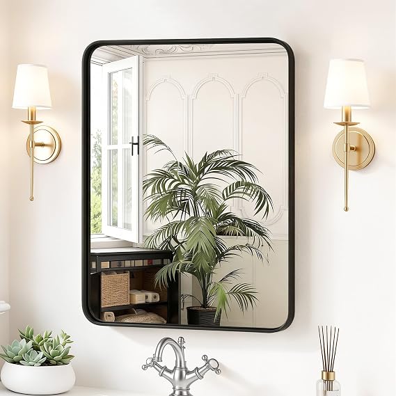 Sweetcrispy Bathroom Wall Mirror, 30x22 Inch Mirror for Over Sink, Black | Modern Wall Mount Vanity Mirror, Rounded Rectangle with Matte Brush Metal Framed, for Home Decor, Living Room, Bedroom