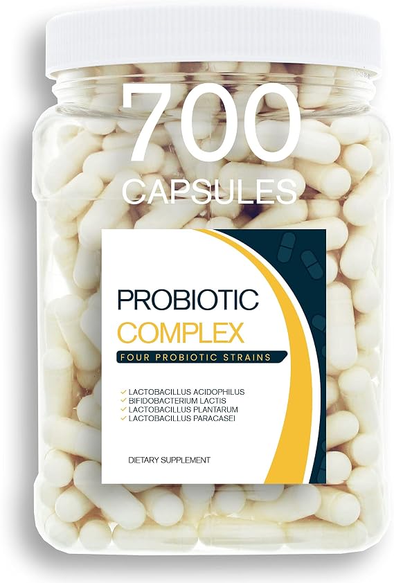 Probiotic Blend - 700CT Value Size Bottle of Multiple Strains of Key Bacteria Include Lactobacillus Acidophilus, Bifidobacterium Lactis, L. Plantarum, L. Paracasei in a Clear Square Grip Jar