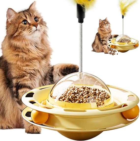 Cat Toys Interactive Track Balls,3 in 1 Cat Roller Toy for Indoor Cats,360° Rotating Food Leakage Device，Solve cat Anxiety and Attract Cats to Play (yellow)