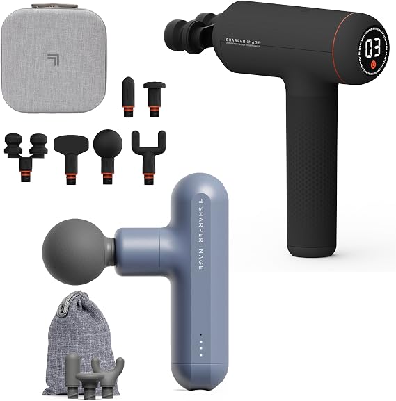 Sharper Image Recovery & Wellness Massager Bundle - Powerboost Max with 6 Attachments & Powerboost Move with 4 Attachments| Deep Tissue Percussion Massage Gun| Portable Muscle Relief Workout Recovery