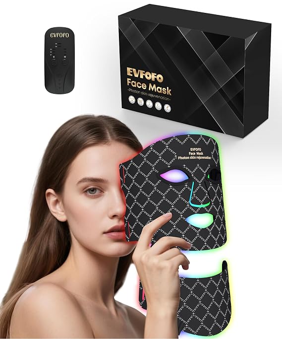 EVFOFO 7-Color LED Red Light Mask, Face & Neck, 630nm & 850nm NIR, Cordless | Red Light Mask for Face and Neck, all face shapes, smooths fine lines, soft silicone, cordless USB-C for Home, Work&Rest