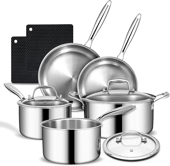 3 Ply Stainless Steel Cookware Set, AIVIKI 10-Pieces Pots and Pans Set, Induction Kitchen Cookware Set, Oven Safe to 500F, Chef Quality Cooking Set w/Fry Pans, Saucepans, Dutch Oven, Kitchen Essential