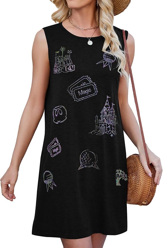 BANGELY Fantastical Women Dress Love Castle Graphic Dreamy Princess Family Vacation Party Sleeveless Knee Length Outfit