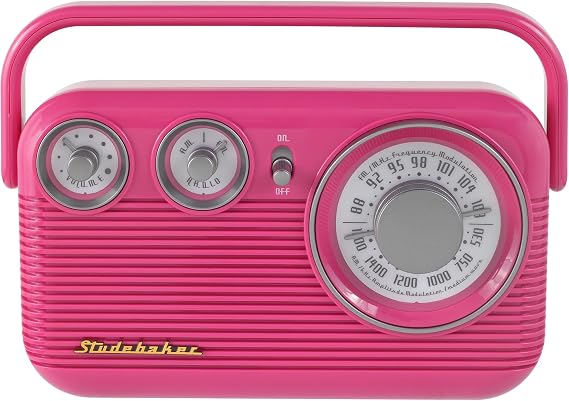 Studebaker Pink SB2003 Retro Portable AM FM Radio | Built in Speaker | AC Powered/Battery | Aux-in Cable (Bundle)