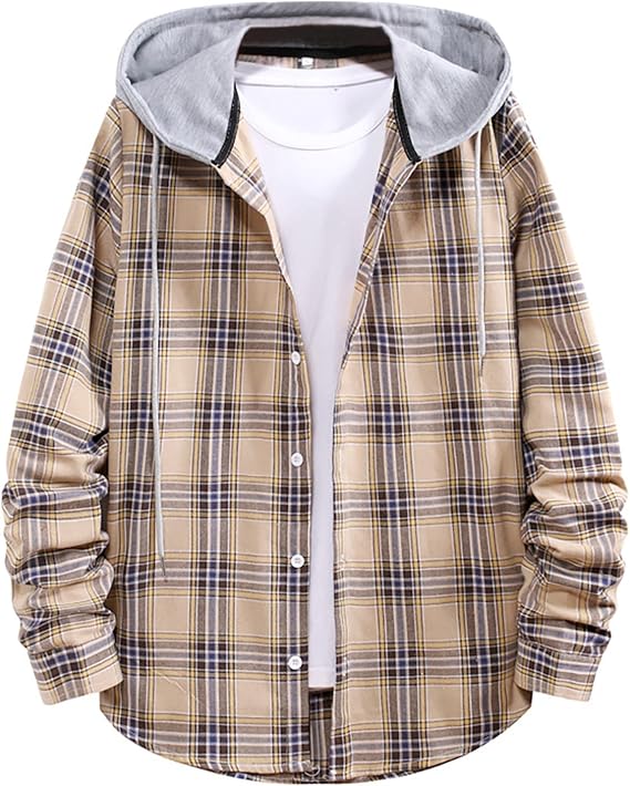 Mens Flannel Shirt Plaid Hoodie Teen Boys Shirts Casual Button Down Long Sleeve Lightweight Shacket Jackets