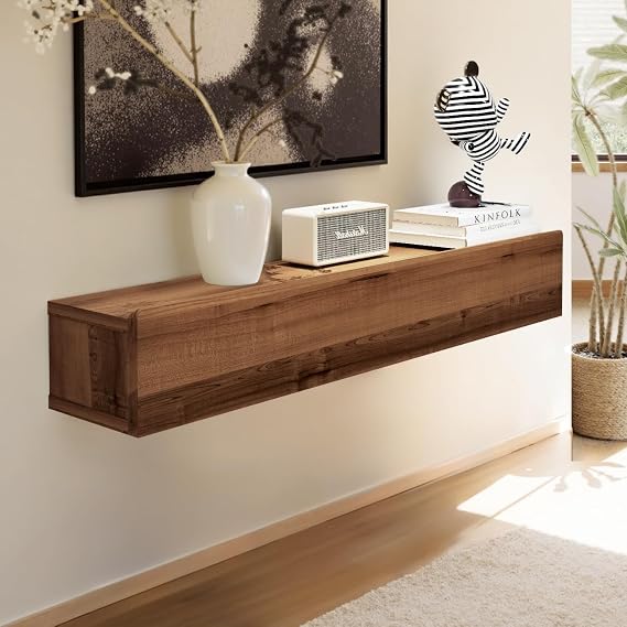 Floating Solid Wood Console Table, 32'' Wall Mounted Narrow Entryway Table with Storage Shelf, Modern Couch Shelves Small Entry Way Tables for Entryway, Front Hall, Hallway (Walnut, 31.5IN)