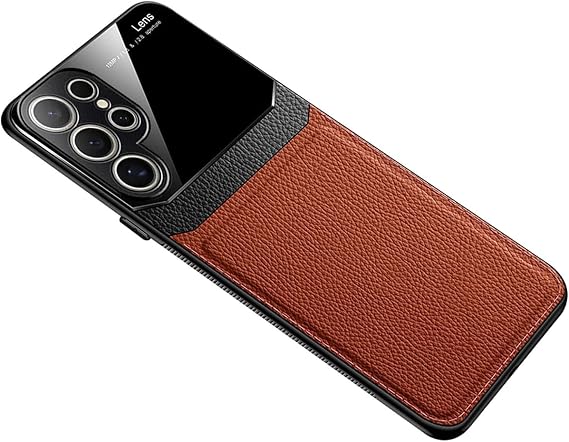 Samsung Galaxy S24 Ultra用レザーケース、プレミアムフェイクレザー+ガラスカメラ保護スリム電話ケース傷つきにくい保護カバーSamsung Galaxy S24 Ultra用、ブラウン