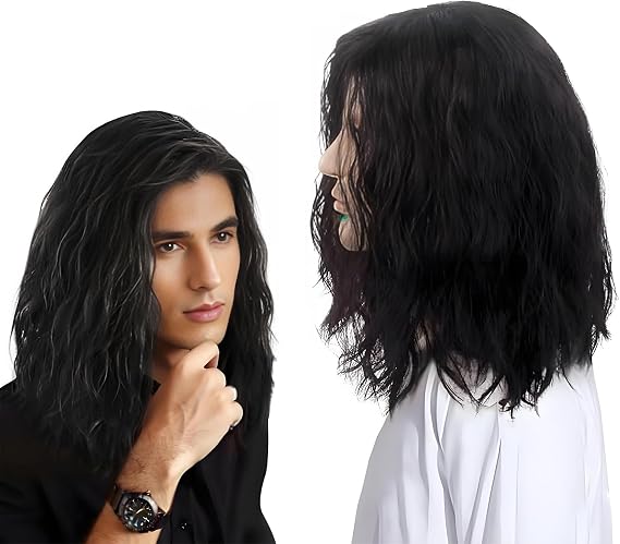 Mens Black Wig Mid Length Curly Hair, Long Wave Wig For Men,Handsome Mens Cosplay Wigs For 70s 80s Fancy Dress Daily Costume Party Halloween (Black)