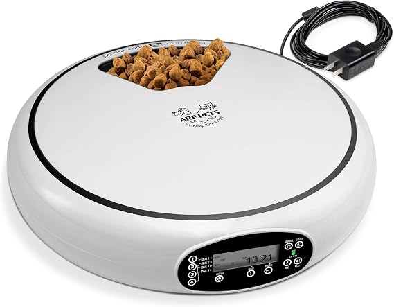 Arf Pets Automatic Pet Feeder, 5 Meal Food Dispenser for Dogs, Cats & Small Animals w/Programmable Timer, Dishwasher-Safe Tray Feeds Wet or Dry Food - (Serves 4 Meals Per Day) Adopter Included