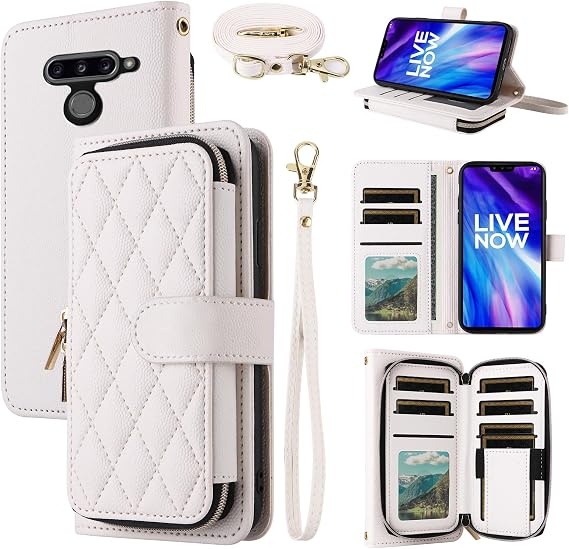 Argyle Wallet Case for LG V40 ThinQ Women Girls White | Wrist Strap Shoulder Strap, Luxury PU Leather Zipper Purse, Phone Cover for LGV40 Storm V 40 Thin Q V40ThinQ LG40 40V 40ThinQ