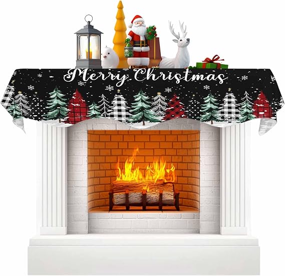 Christmas Tree Black Fireplace Mantel Scarf Table Runner,Winter Snowflake Buffalo Plaid Winter Garland Mantel Top Tablerunners Dresser Scarves Cover Decorations for Windows Party Living Room 90''x17''