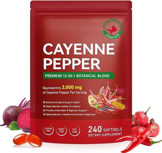 Cayenne Pepper Softgels Supplement, Capsaicin Supplements, Capsaicin Powder, with Vitamin D3+K2, Beetroot, Grape Seed, Hawthorn, and Turmeric, Supports Digestive & Gut Health, 240 Capsules