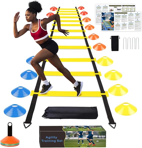 Football Training Equipment for Children and Young People | PP Material,Agility Training Set, Football Training Gift, Includes a 12 Rung 20Ft Agility Ladder, 16 Disc Cones,Storage Bag
