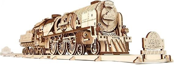 UGEARS V-Express Steam Train with Tender 3D Wooden Puzzles for Adults - Wooden Model Kits for Adults Model Train Steam Engine Kit Brain Teaser, Hobby Set Home Decoration