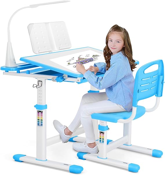 Artist hand Height Adjustable Kids Desk and Chair Set with LED Light,Drawer