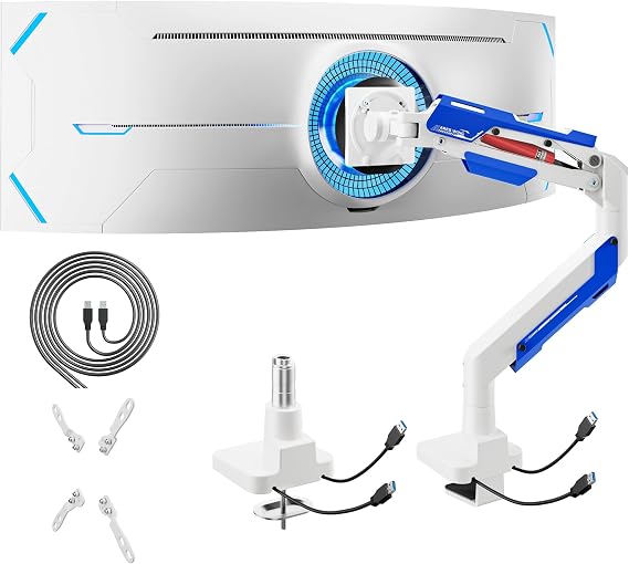ARES WING Heavy Duty Monitor Arm with USB for 24-57 Inch Screens, White