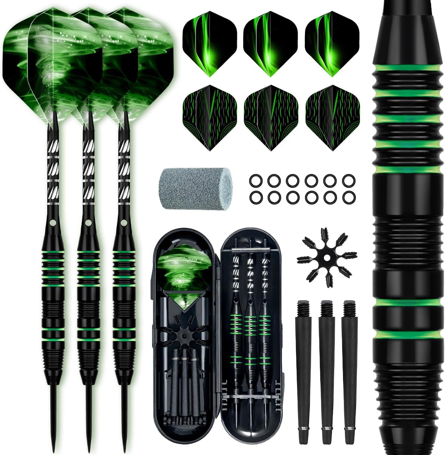 XAWU 3 Pack Steel Tip Darts Set Professional Darts 22g, 24g with 9 Dart Flights 3 Aluminum Shafts 3 Spare Shafts 1 Dart Sharpener 12 Rubber O-Rings Flight Protector and Darts Case