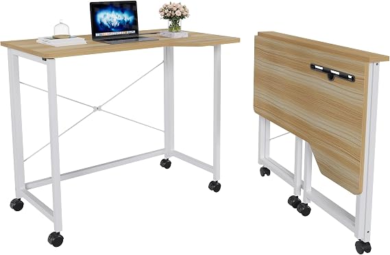 Computer Desk Fold Easily - 90cm PC Computer Workstation with Wheel Locks,Contemporary Laptop with Durable Metal Pipe Structure,Compact Wooden folding desk for Study, Offices- Brown