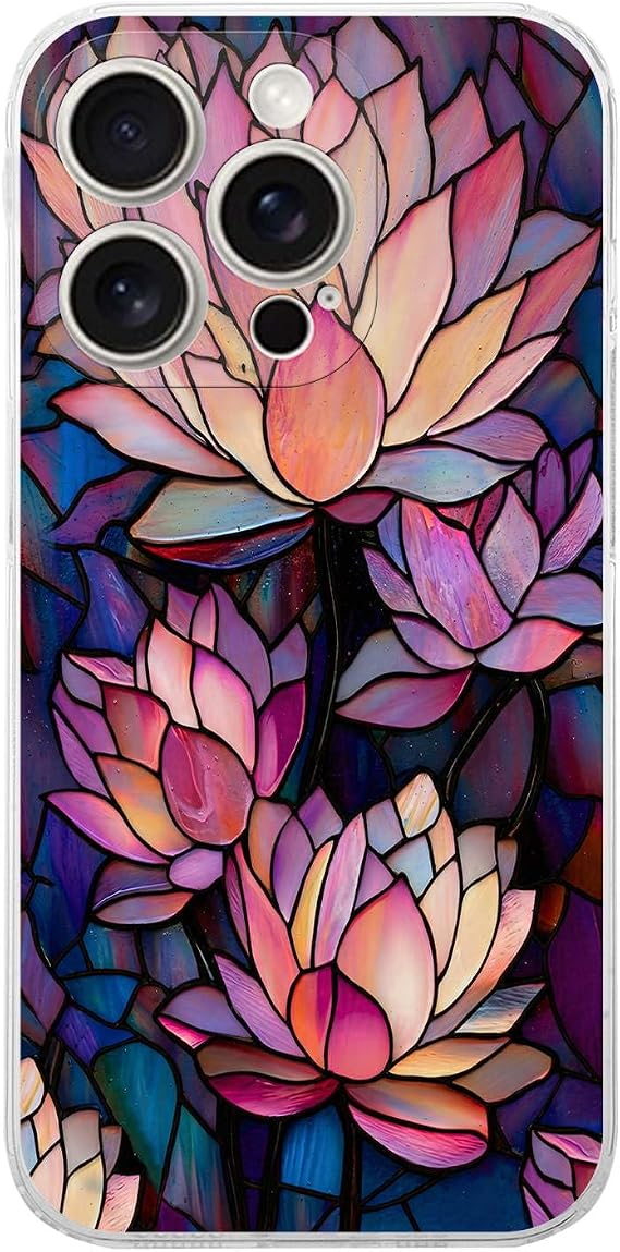 PrintiFy iPhone 15 Pro Max ile Uyumlu Vitray Sessiz Lotus Tasarımlı Şeffaf Silikon Kılıf