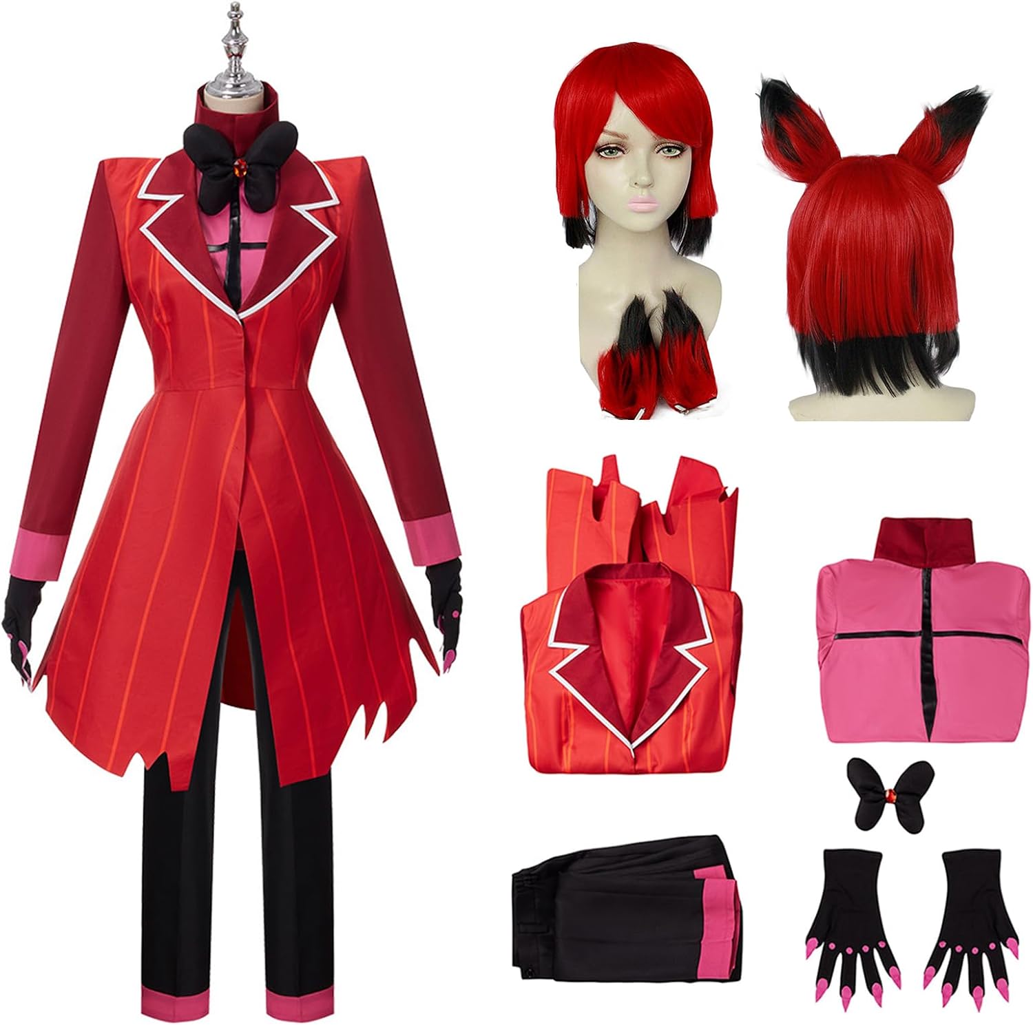 AwwwCos Alastor Cosplay Costume, Hasbin Hotel Cosplay, Wig, 6-Piece Set, Womens, Cosplay Clothes, Alaster, Cosplay Wig, Wig, Red, Tuxedo, Anime Event, Cultural Festival, School Festival, Halloween