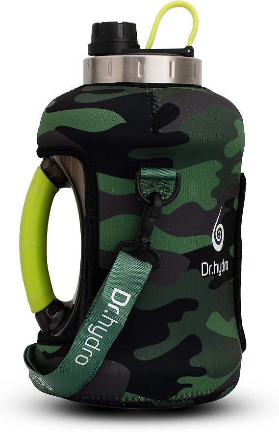 DR.HYDRO 3.2L Gallon Water Bottle with Insulated Storage Sleeve and Silicon Handle- BPA Free Large Water Bottle/100 Ounce Big Sports Bottle Jug with Handle, Reusable Motivational Bottle (Green Camo)