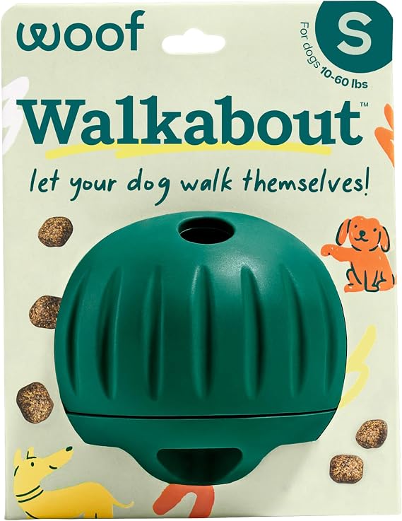 Woof Walkabout Dog Puzzle Treat Dispenser Toy for Dogs Under 40 lbs | Adjustable treat openings, fits kibble & treats, durable rubber, dishwasher safe, easy to clean