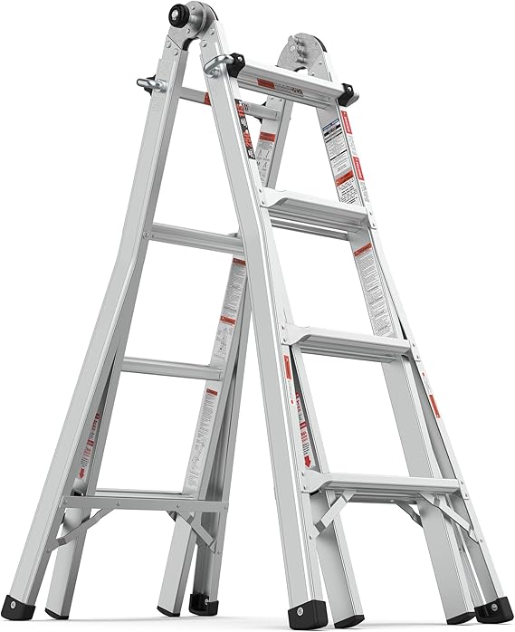 Campfun Ladder, A Frame 4 Step Extension Ladder, 17 FT Anti-Slip Multi Position Ladder, Aluminum Adjustable Ladder 250 lbs Weight Rating, Telescoping Ladders for Stairs Home Indoor Outdoor Roof