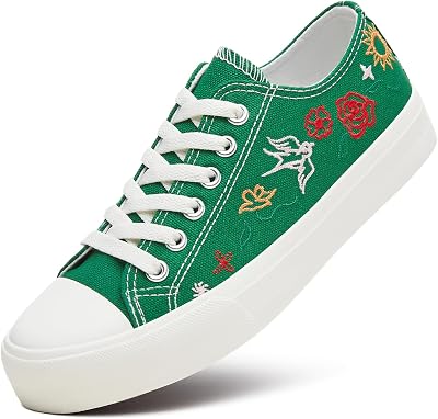 Women Canvas Sneakers with Embroidered Flower,Lace up White Tennis Shoes,Casual Low Top Fashion SneakersGreen,US11
