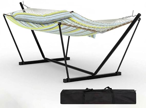 Double Hammock with Stand for Outdoor Use 2-Person Portable Hammock with Curved Spreader Bar & Balance Ropes, Heavy Duty 450 LBS Capacity for Backyard, Patio & Camping, Green Blue Stripes
