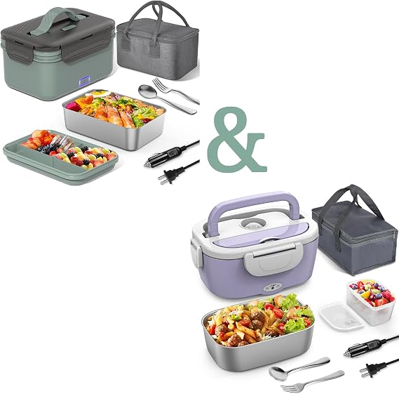Electric Lunch Box, 2-Set Heated Lunch Box for Adults, 12V 24V 110V/220V Portable Heating Lunch Box for Work/Car/Truck with Fork Spoon and Removable Stainless Steel Container, Green Gray+ Light Purple