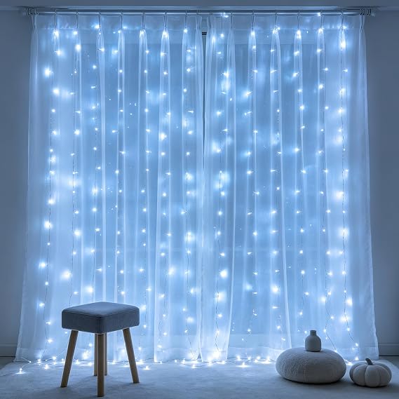 FUYO Window Curtain String Lights for Bedroom, 300 LED Fairy String Light 8 Lighting Modes Waterproof Lights for Christmas Bedroom Party Wedding Home Garden Wall Decorations (White)