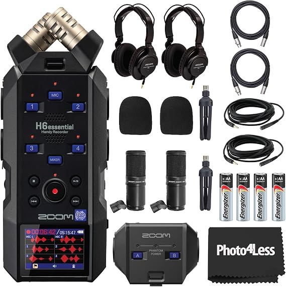 Zoom H6 Essential Handy Recorder Bundle with Podcast Mic Pack, XLR/TRS Capsule, Headphones, Tabletop Stands, Windscreens, Cables, AA Batteries