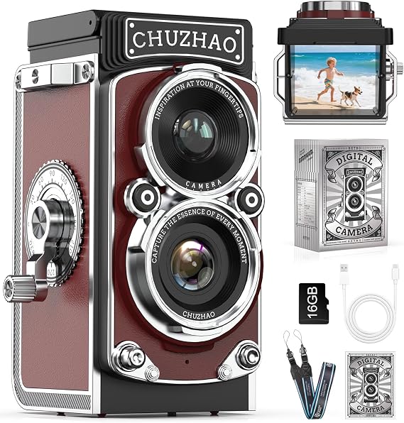 Mini Retro Camera Vintage Camera 12MP 1080P FHD Digital Camera TLR Auto Focus Photo Camera with 16GB Memory Card Camera Portable Compact Camera for Children Teenagers Student Beginners Gift (Red)