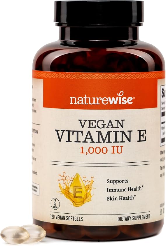 NatureWise Vitamin E 1000 IU Softgels (450mg dL-Alpha) - Vegan, Gluten-Free, Soy-Free, Non-GMO Antioxidant Dietary Supplement for Skin, Heart, Eye, and Immune Health Support - 60-Day Supply, 120 Count