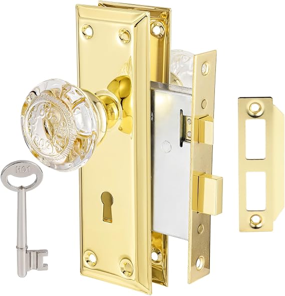 Crystal Glass Door Knobs Interior, Vintage Mortise Lock Set with Skeleton Keys for Old Doors, Crystal Door Lock Handle, Polished Brass Finish